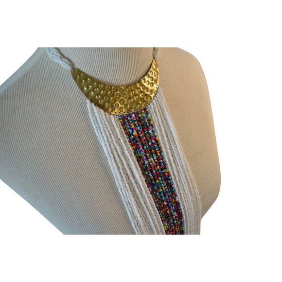 African Inspired Multicolored Beaded Bib Necklace With Hammered Brass Accent & F - Picture 3 of 8